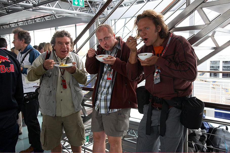 Paul-Henri Cahier, Martin Trenkler and Jiri Krenek enjoy their lunch in the Red Bull energy station