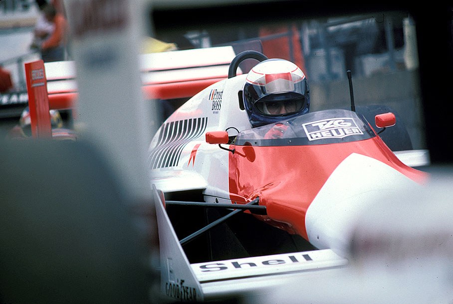 Alain Prost, McLaren, waiting in pit lane for roll out