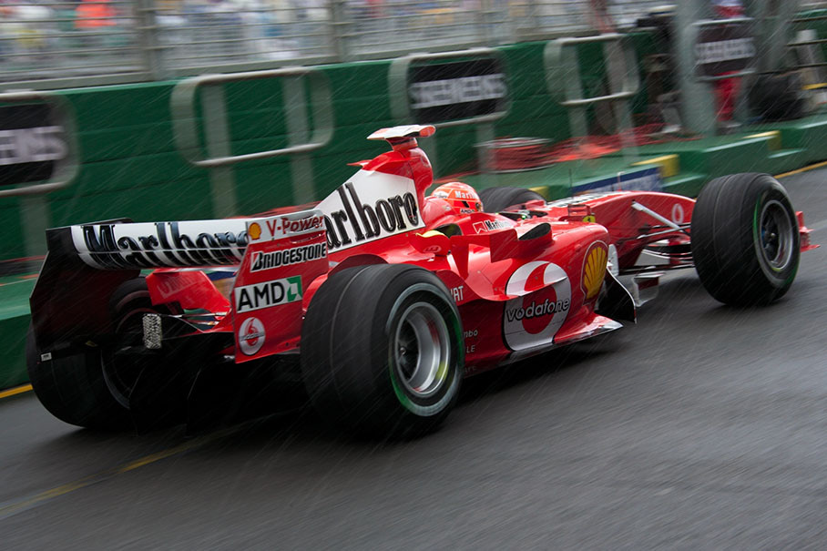 Michael Schumacher exiting on "intermediates" to his rainy qualifying lap