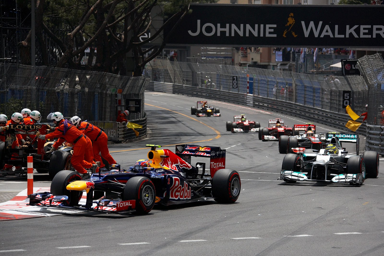 Turn one is cleans as the field passes by