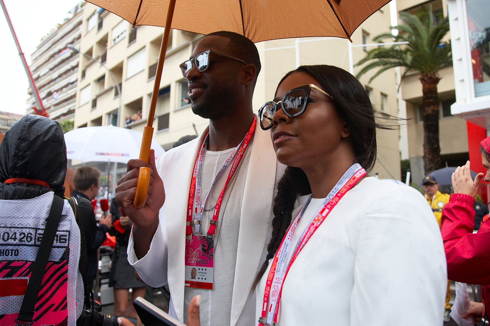 NBA basketball player Dwyanne Wade with his wife Gabrielle Union, a model and actress, on the grid, Monte Carlo Grand Prix, 2016
