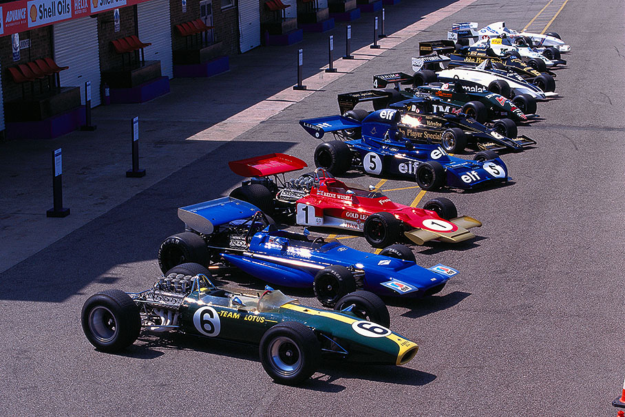 30 years of Cosworth engines being entered in Formula 1. Front: Lotus 49 from 1967, behind the Tyrrell from 1970, then the Lotus from 1971, the Tyrrell from 1973, Lotus from 1977, Tyrrell from 1983, Brabham from 1981, Lotus from 1983, the Williams from 1983 and the Stewart from 1999.