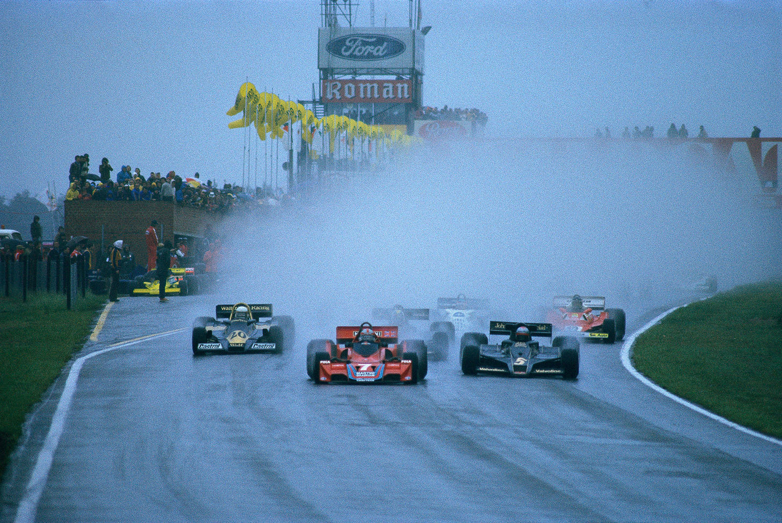 Start of the 1977 Belgian Grand Prix at Zolder: John Watson, Brabham Alfa Romeo (no. 7), takes the lead from polesetter Mario Andretti, Lotus