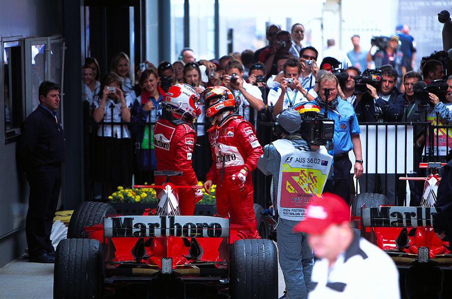Michael Schumacher and Rubens Barrichello congratulating each other