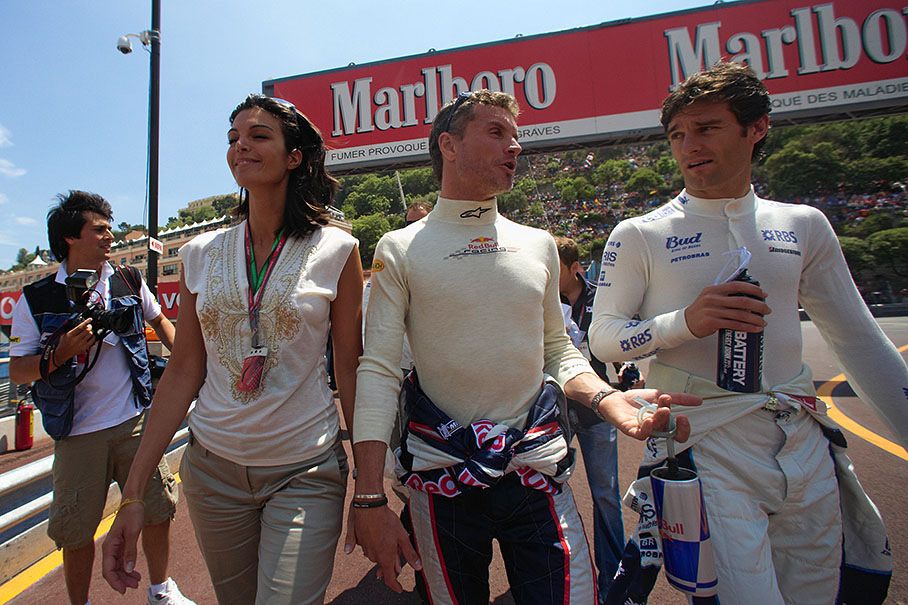 David Coulthard with his friend (former TV presenter) Karen Minier and Mark Webber on their way to drivers presentation