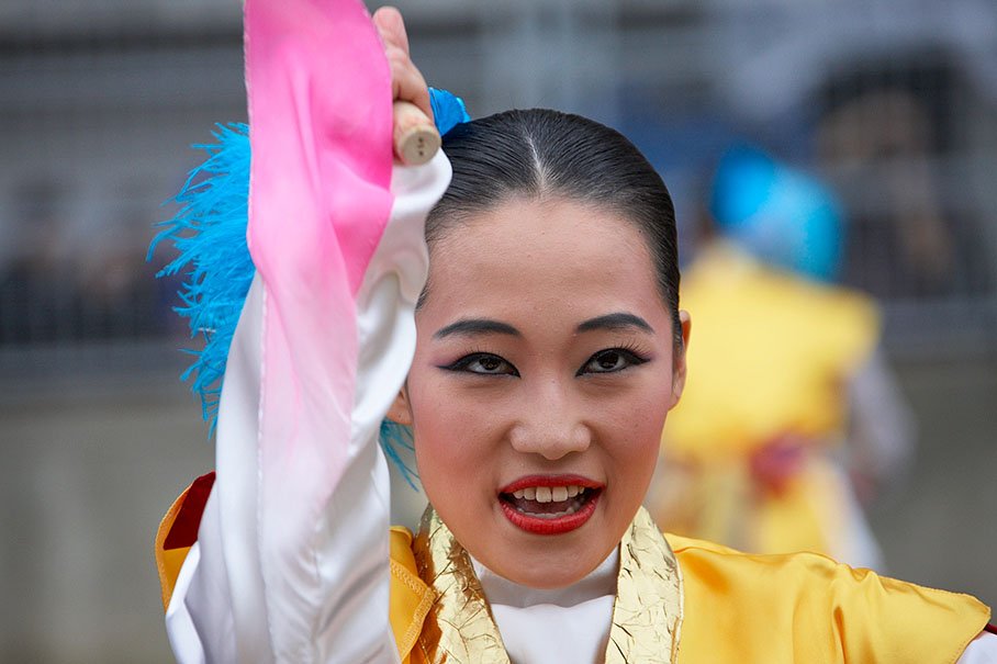 Drummers perform their fanciful presentation on the grid prior to the start of the first Korean Grand Prix