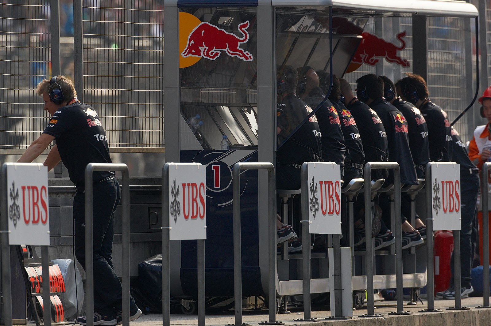 The Red Bull Racing pit wall command center during the race