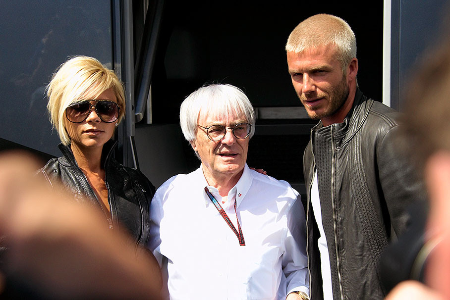 Bernie Ecclestone with VIP guests Victoria and David Beckham