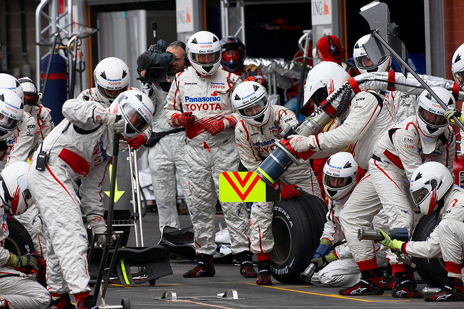 Toyota pit crew awaits the driver