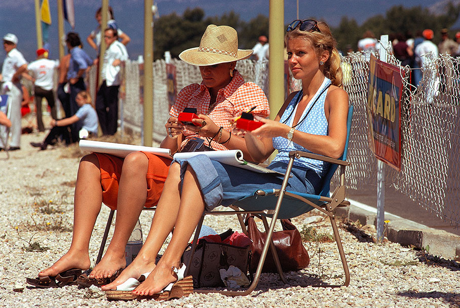 Lotus timekeepers Helena Fittipaldi and Barbro Peterson keep the times of their husbands, Le Castellet 1973